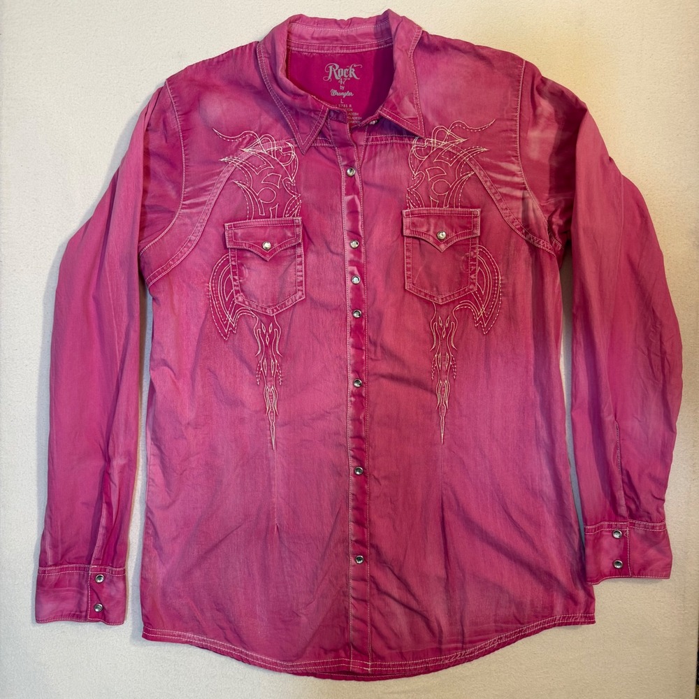 Rock 47 by Wrangler Pink Acid Wash Embroidered Pearl Snap Western Shirt L